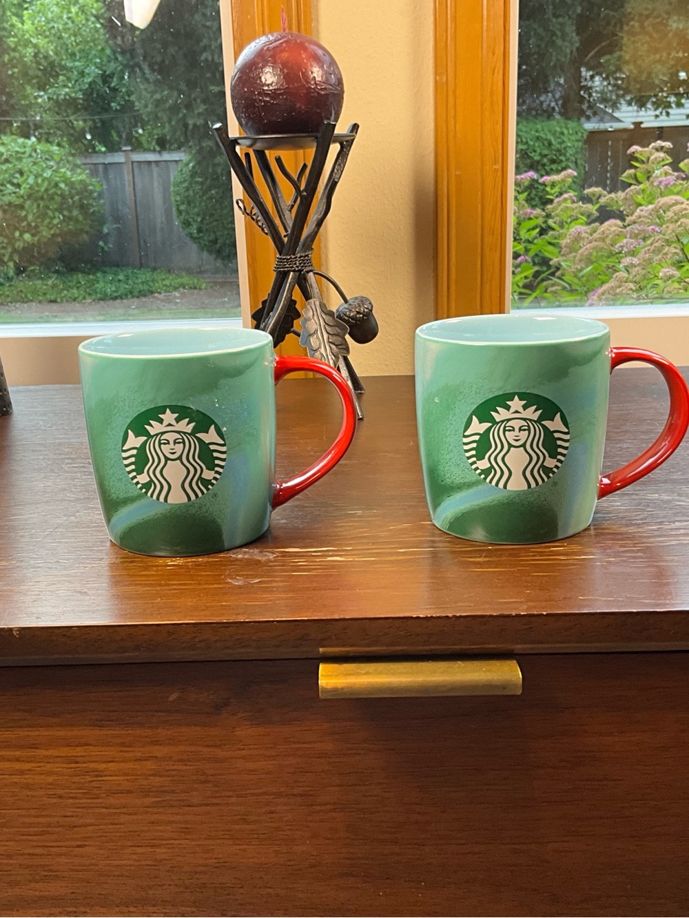 Starbucks Green Mugs with Red Handles - Pair‎